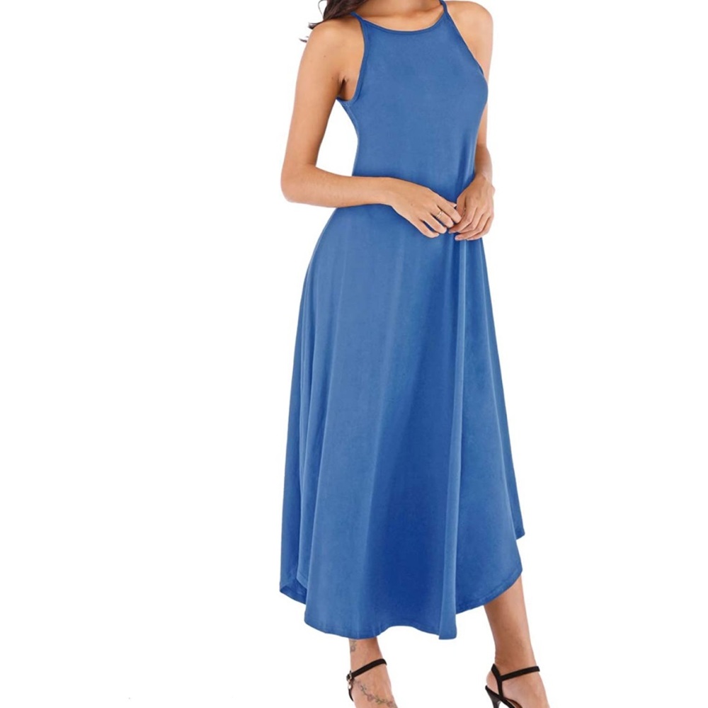 Blue Maxi Dress Summer Sleeveless Casual Loose Beach Spaghetti Strap Long Tank L